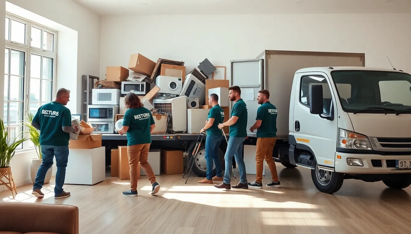 diverse team of junk haulers working in a clean modern setting.